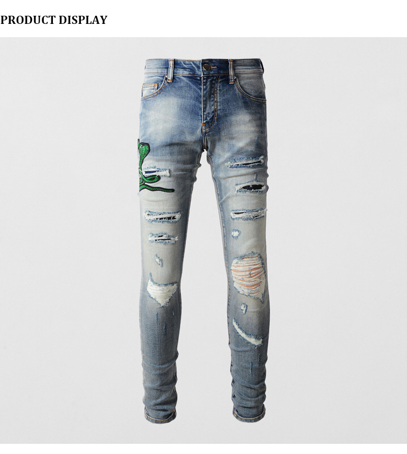 boy European And American High Street Fashion Ripped Jeans Vintage Washed Snake Embroidery Patch Hip Hop Skinny Pants Men's_viptrois.com