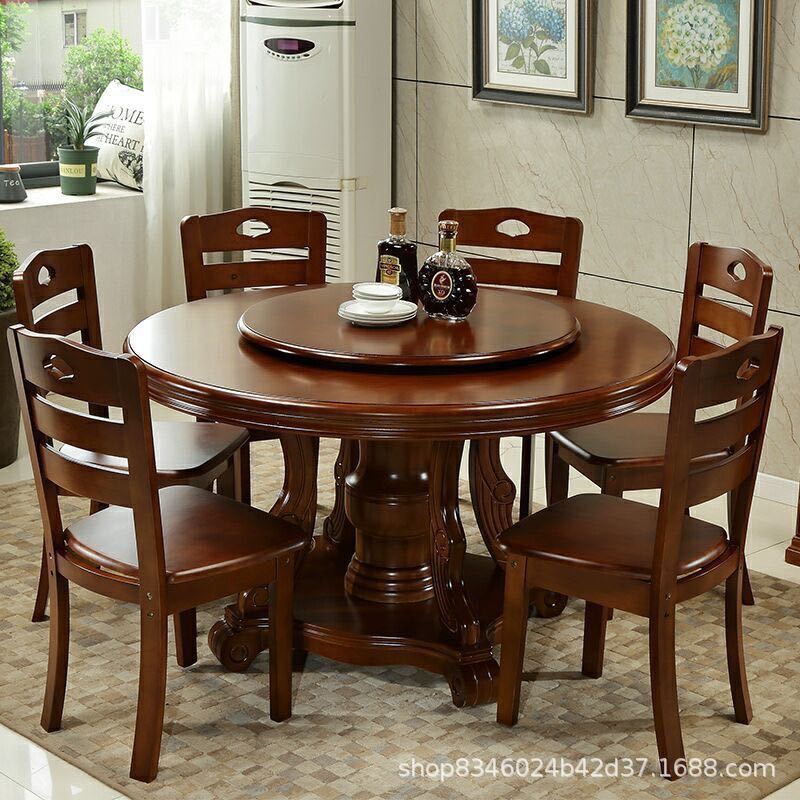Solid Wood Dining Table and Chair Combination Hotel Restaurant Modern Chinese 1.3/1.5/1.6/1.8 m Household Round Table