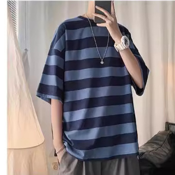 Men's Short-sleeved T-shirt 2022 Summer New Fashion Brand Fashionable Japanese Clothes Striped T-shirt Milk Silk Half-sleeved Men's