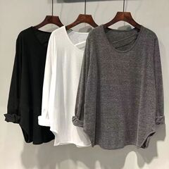 大码女装U领纯色长袖上衣女秋季新款弧形下摆宽松慵懒中长款上衣