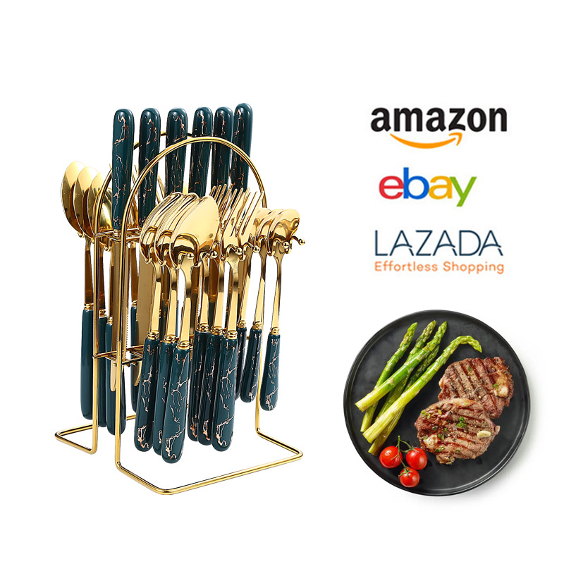 Amazon Tik Tok popular Luz de lujo de cerámica manejar cuatro piezas principales vajilla de acero inoxidable 24 piezas traje de cuchillos, tenedores y cucharas