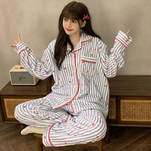 法兰绒睡衣秋冬季新款卡通凯蒂猫咪翻领加绒女可外甜美家居服套装