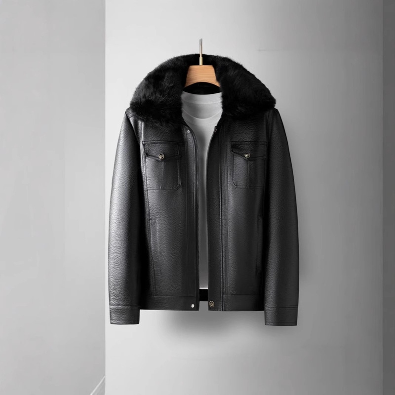 Plus Size Men's Winter Leather Jacket with Removable Lining, Thickened and Fleece-Lined, Suitable for Middle-Aged Dads
