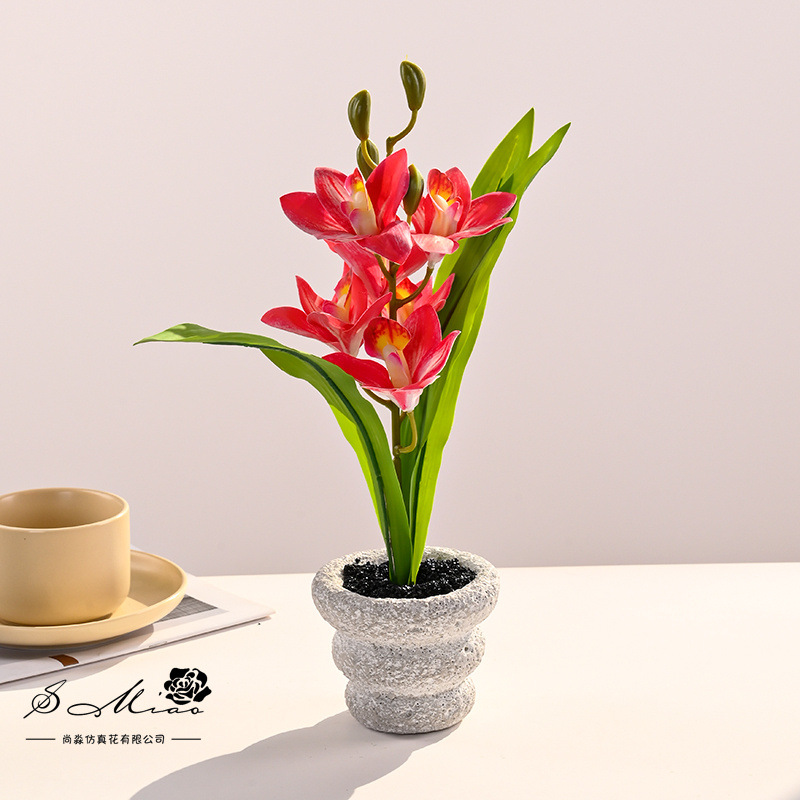 Bonsái de Cymbidium Artificial de 5 Cabezas, Flor de Seda, Decorativo, para Hogar y Estudio Fotográfico