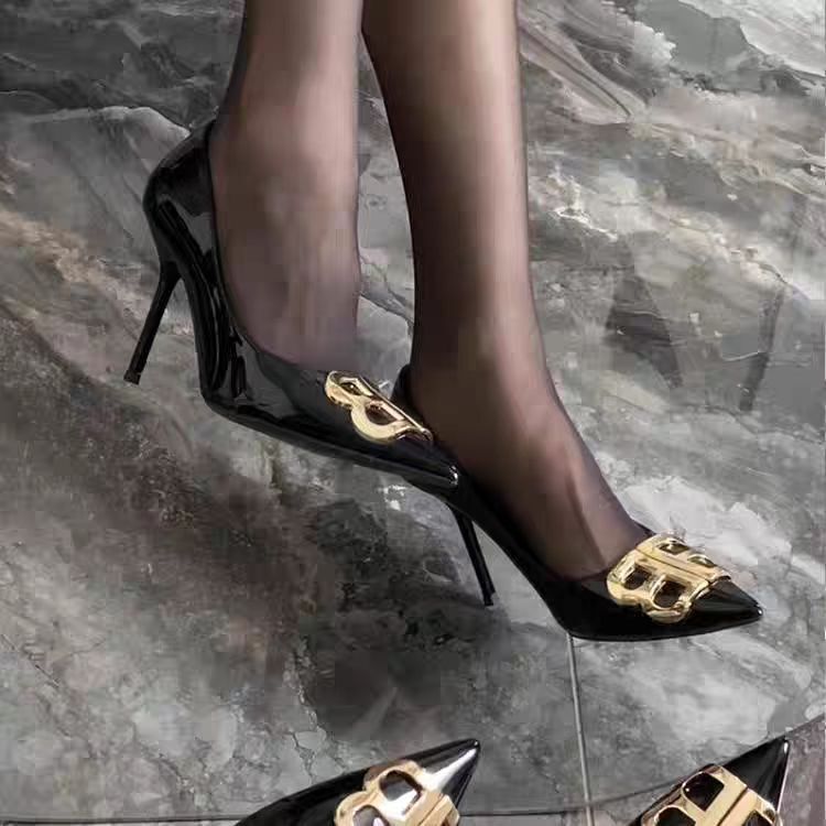 2025 New Metal Double B Buckle Burgundy Patent Leather High Heels Pointed Toe Stiletto Versatile Sexy Shoes