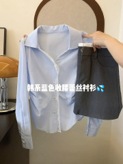 大码胖mm蕾丝拼接蓝色衬衫女2025秋季褶皱显瘦遮肉设计感小众上衣