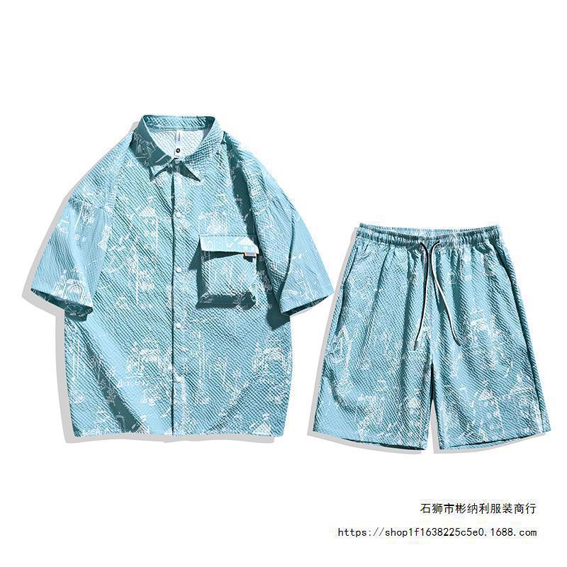 2024 verano nueva camisa de espuma de manga corta + pantalones cortos para hombres camisa de manga de cinco puntos + cinco puntos