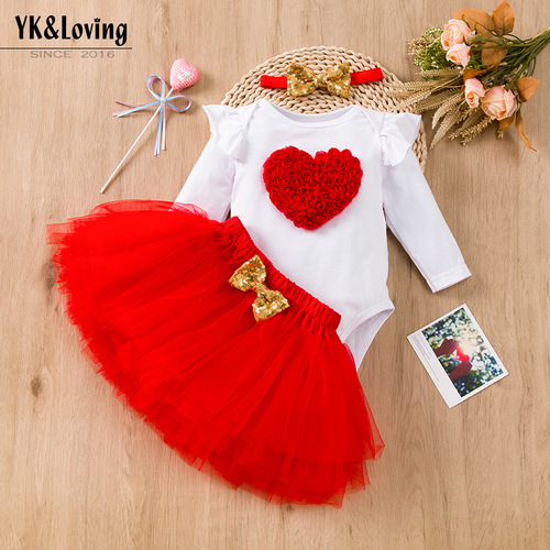  New Baby Mother's Day Love Flying Sleeve Harness Bag Fart Clothes Mesh Skirt Suit Baby Festival Clothes