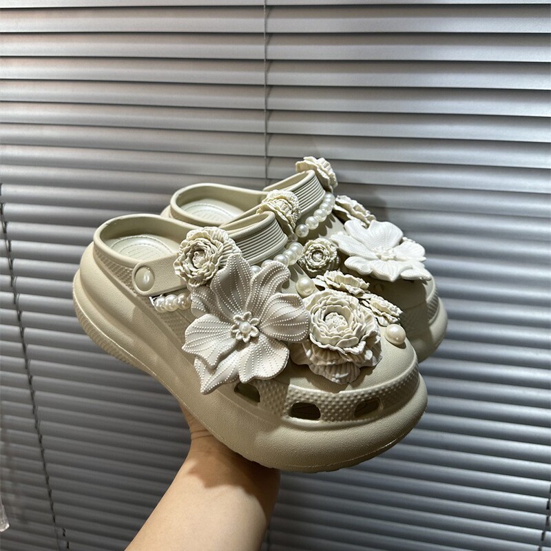 フラワー 6cm 厚底下駄スリッパ女性用 2025 年夏新入生夏のお出かけサンダル|undefined