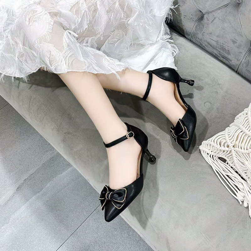 Sandal cao gót nữ da thật mũi nhọn gót mảnh phối váy — Màu đen