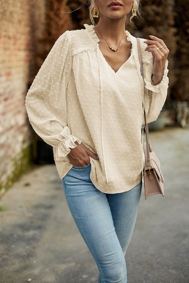 Long Top Length Blouse Tops Type Daily Occasion V Neck Neckline Women's Blouse Long Sleeve Blouses Casual Solid Color