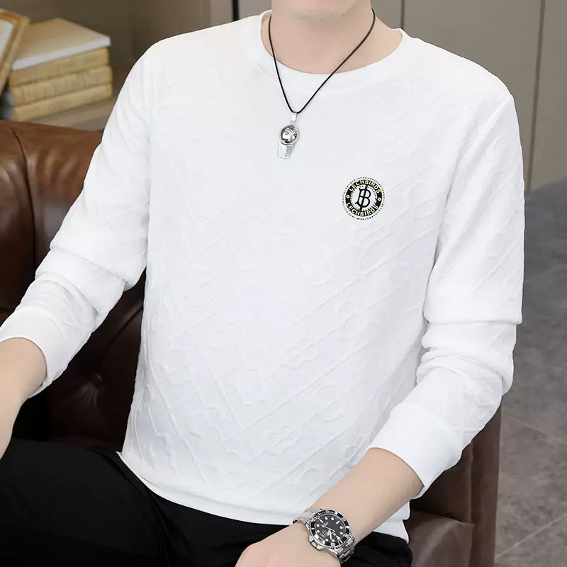 跨境新款男士长袖t恤潮流秋季上衣服薄款体恤打底衫个性时尚卫衣