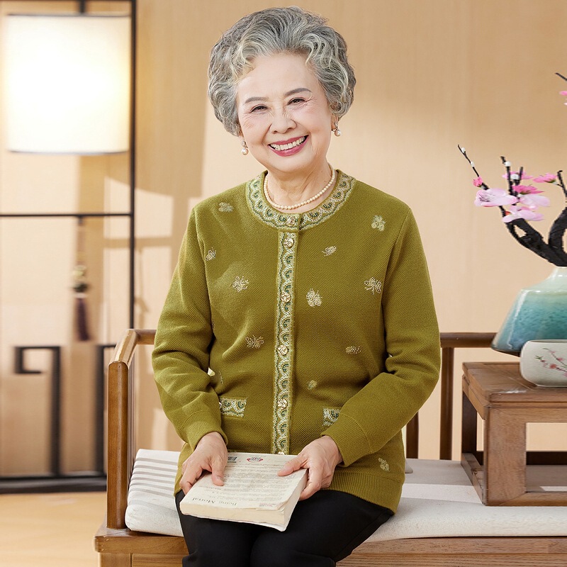 奶奶秋装外套老年人女长袖开衫妈妈秋冬针织衫老人太太加厚上衣服|undefined