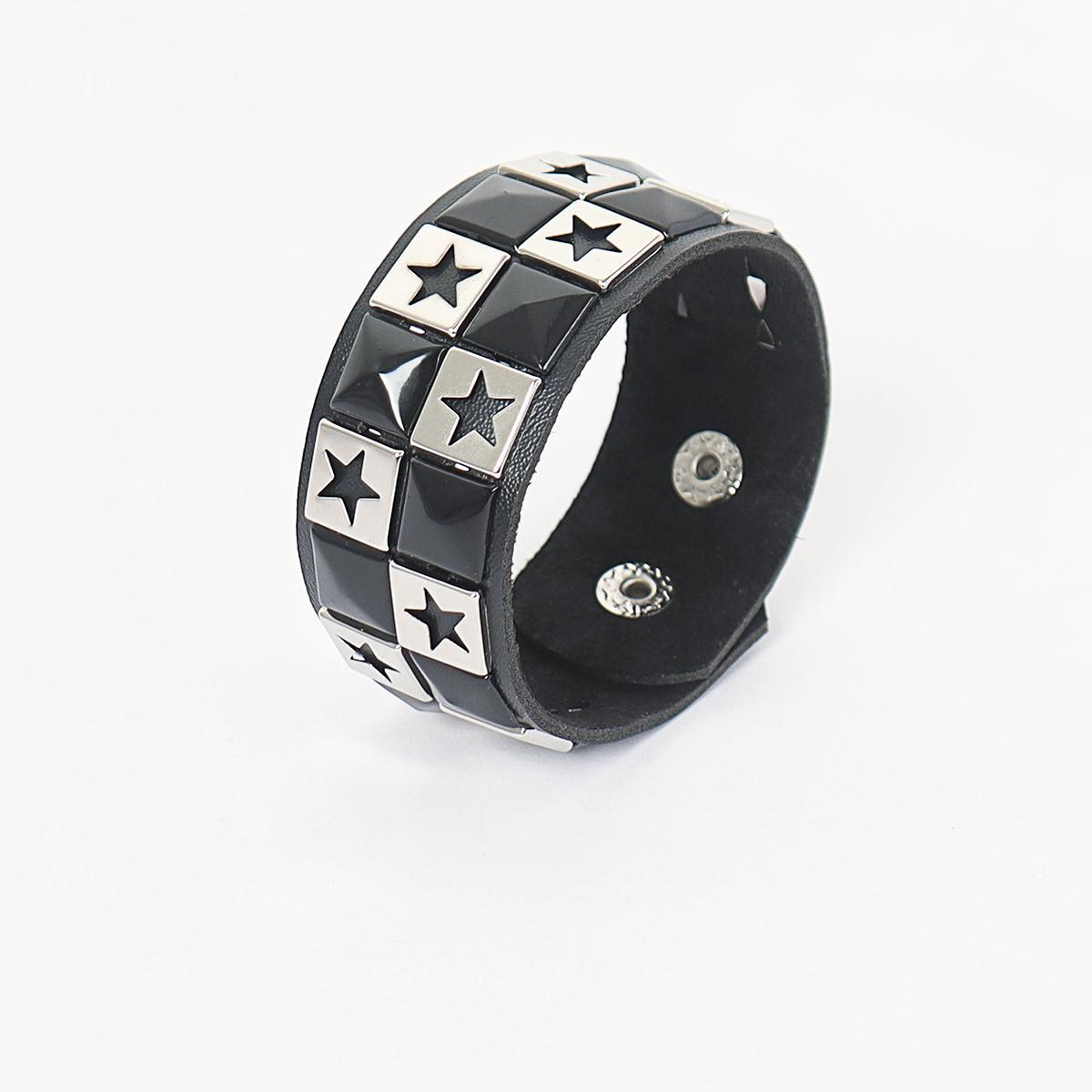 European and American Retro Punk Style Black and White Contrast Color Double Row Hollow Star Leather Bracelet PU Leather Bracelet Bracelet