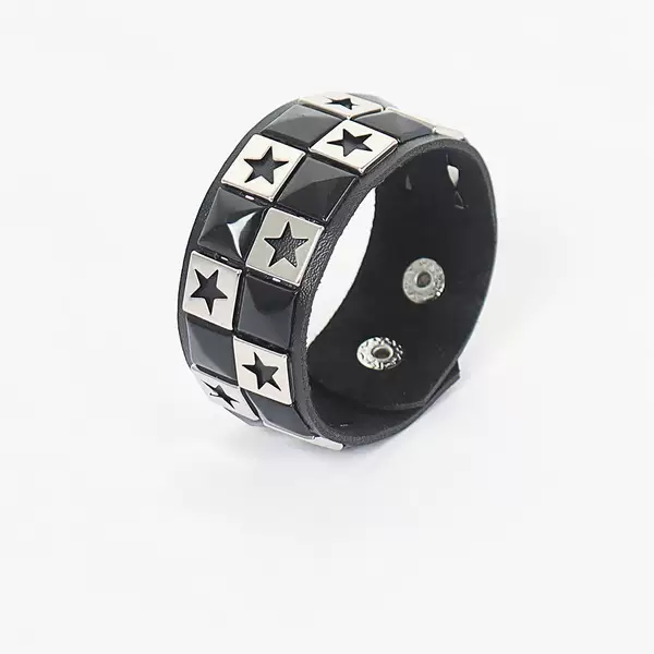 European and American Retro Punk Style Black and White Contrast Color Double Row Hollow Star Leather Bracelet PU Leather Bracelet Bracelet