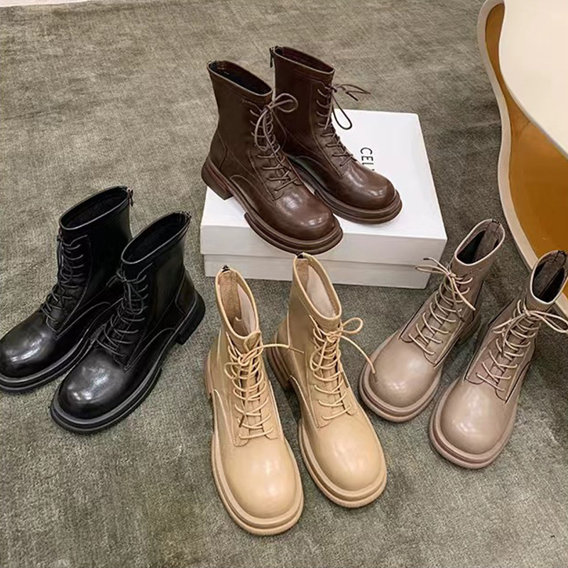 Uva mamá punta redonda Otoño e Invierno Nuevo estilo coreano adelgazante tacón grueso botas cortas aumento de la altura de las mujeres con cordones Martin botas cortas