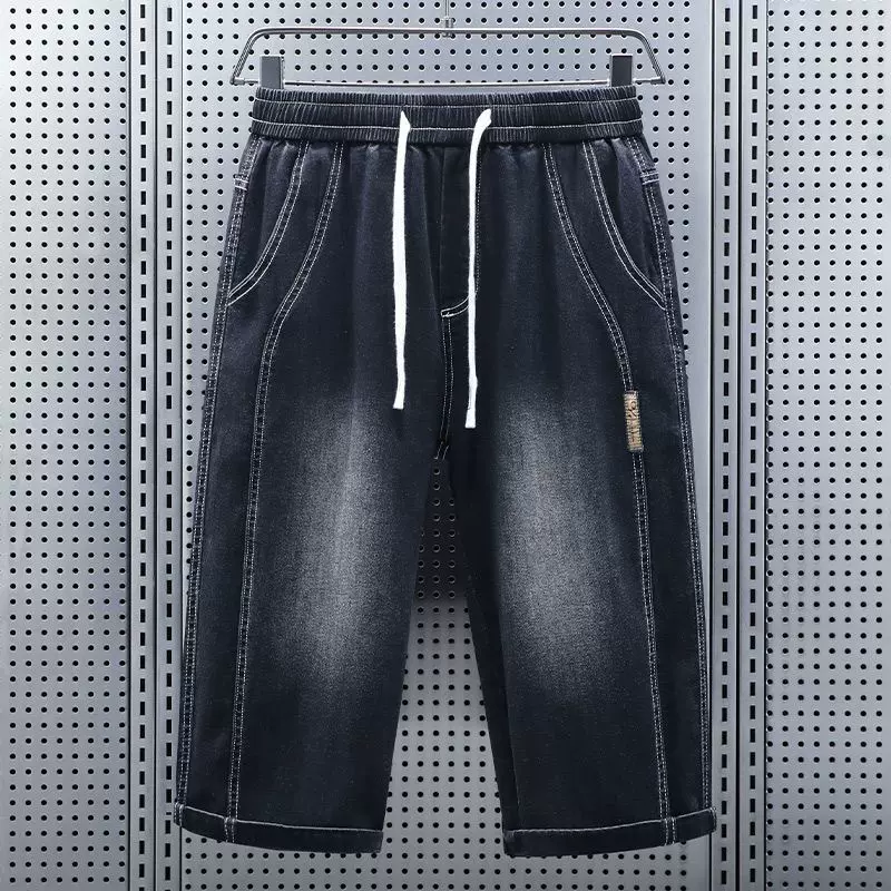 美式牛仔七分裤男士夏季薄款休闲短裤子中腰直筒百搭中裤男松紧腰