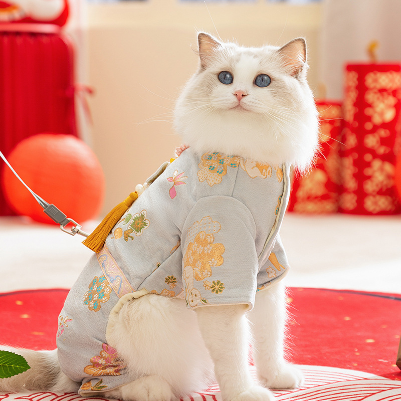 가을과 겨울의 털이없는 고양이 따뜻한 중국 나비 술 네 다리 탕 세트 개면 패딩 옷 애완 동물 새해 옷