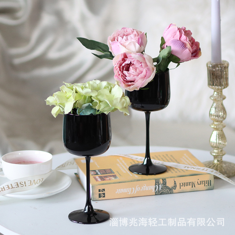 简约黑色高级感玻璃花瓶高脚杯水培花器中式禅意插花北欧风