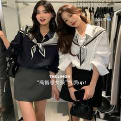 柠檬绿茶设计感小众衬衫女秋季新款韩版宽松慵懒风女上衣带丝巾