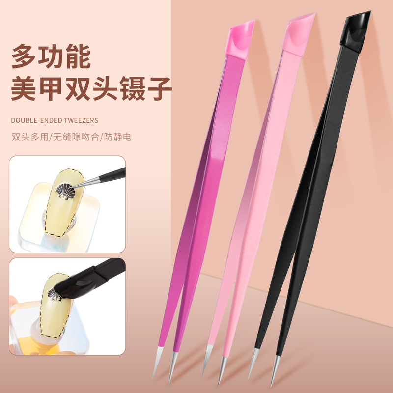 Stainless steel nail multi-functional tweezers double-headed silicone pressing stick decals alloy diamond jewelry diamond clip hand account Stainless steel nail multi-functional tweezers double-headed silicone pressing stick decals alloy diamond jewelry diamond clip hand account