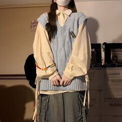 秋季套装衬衫绑带麻花杏色单件日系毛衣女甜美针织马甲背心蓝色