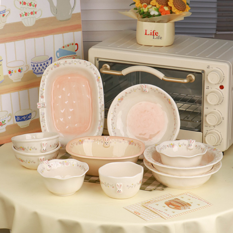 New French retro ins cartoon rabbit garden embossed ceramic bowl and plate afternoon tea dessert set New French retro ins cartoon rabbit garden embossed ceramic bowl and plate afternoon tea dessert set