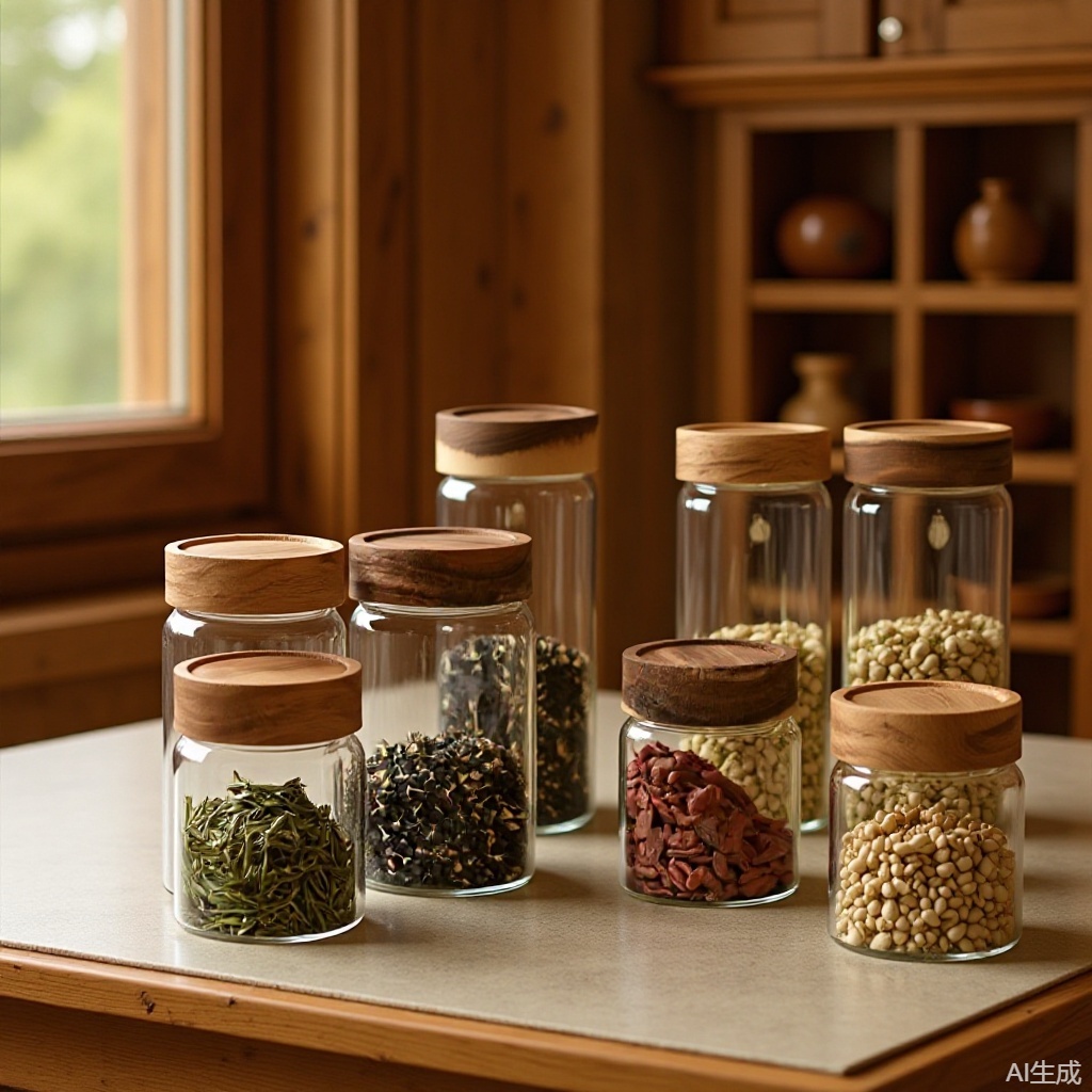 现货高硼硅相思木盖密封罐罐装厨房杂粮收纳玻璃瓶陈皮檀香手办