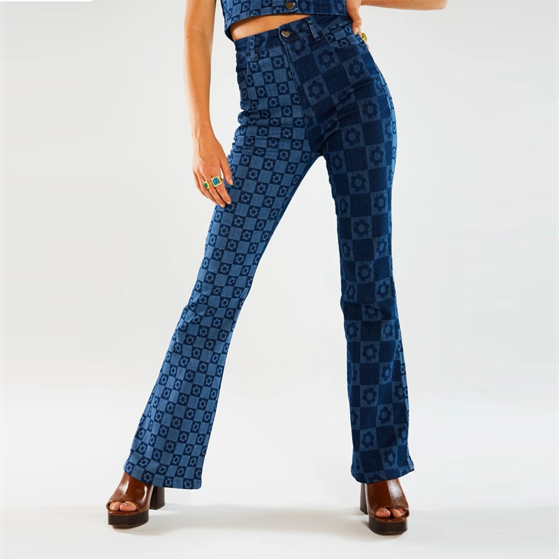 Pantalones Vaqueros Anchos de Mezclilla Ajustados de Dos Tonos Estampados para Mujer, Moda Europea y Americana Transfronteriza, Primavera 2025