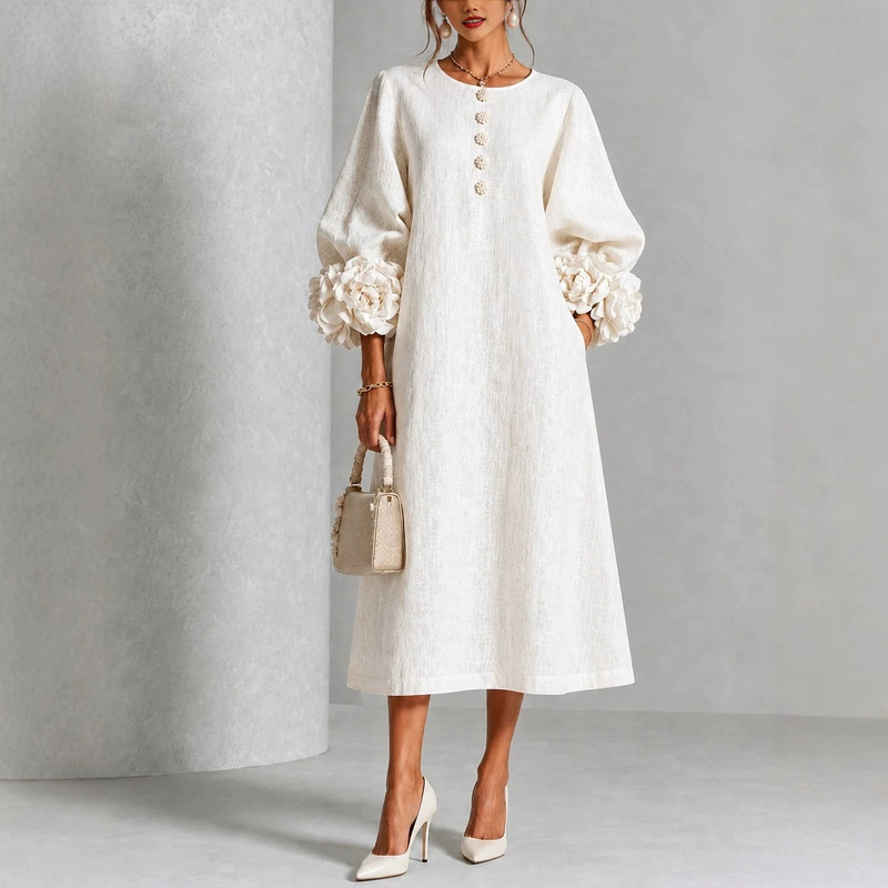2026 Autumn European and American Amazon Independent Station French Women's Clothing Three-Dimensional Floral Lantern Sleeve Cotton Linen Mid-Length Dress 2026 Autumn European and American Amazon Independent Station French Women's Clothing Three-Dimensional Floral Lantern Sleeve Cotton Linen Mid-Length Dress