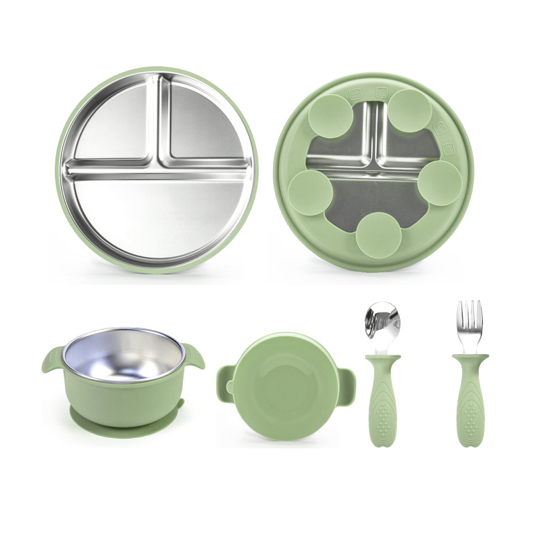 다크그린 4개 - 실리콘 커버가 있는 스테인리스 접시 + 스테인리스 실리콘 그릇 + 스테인리스 포크와 스푼