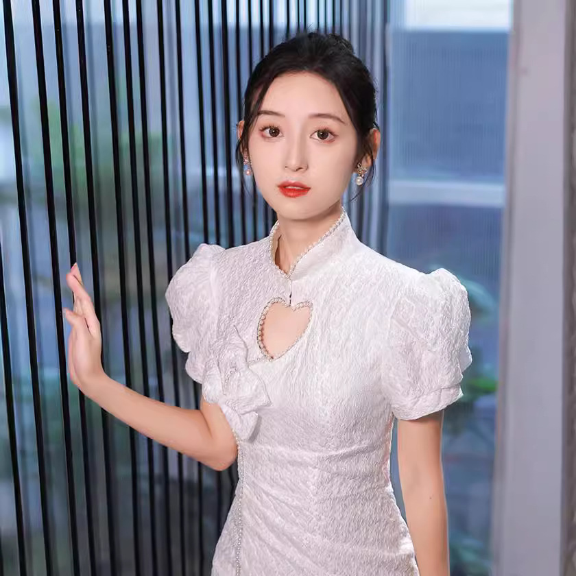 Shopping mall same style white improved bow cheongsam Pearl edge jacquard National style dress niche design female fashion