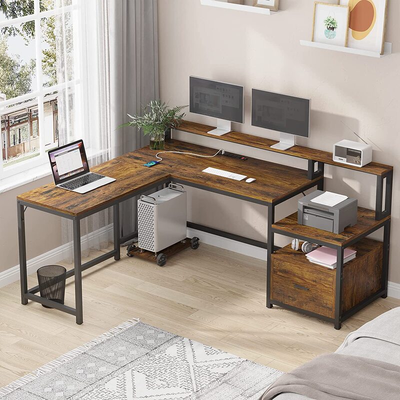 L-shaped desk with file drawer and power socket, display rack and printer storage rack plate