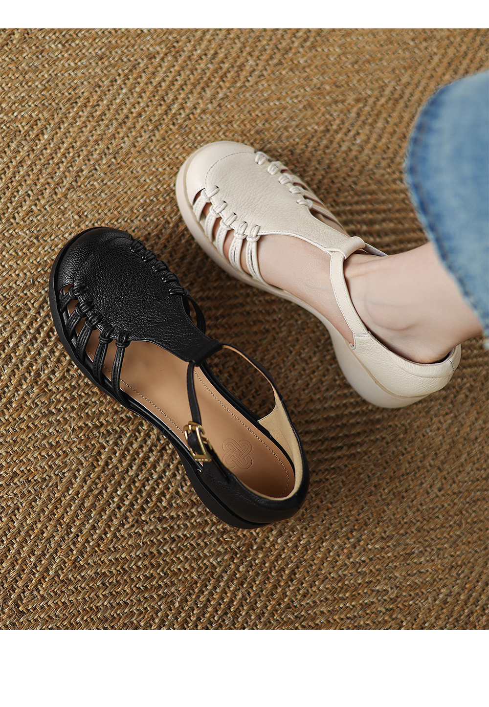 Sandal nữ da cừu mũi bao đế dày quai ngang một chữ kiểu La Mã — đen chi tiết 1
