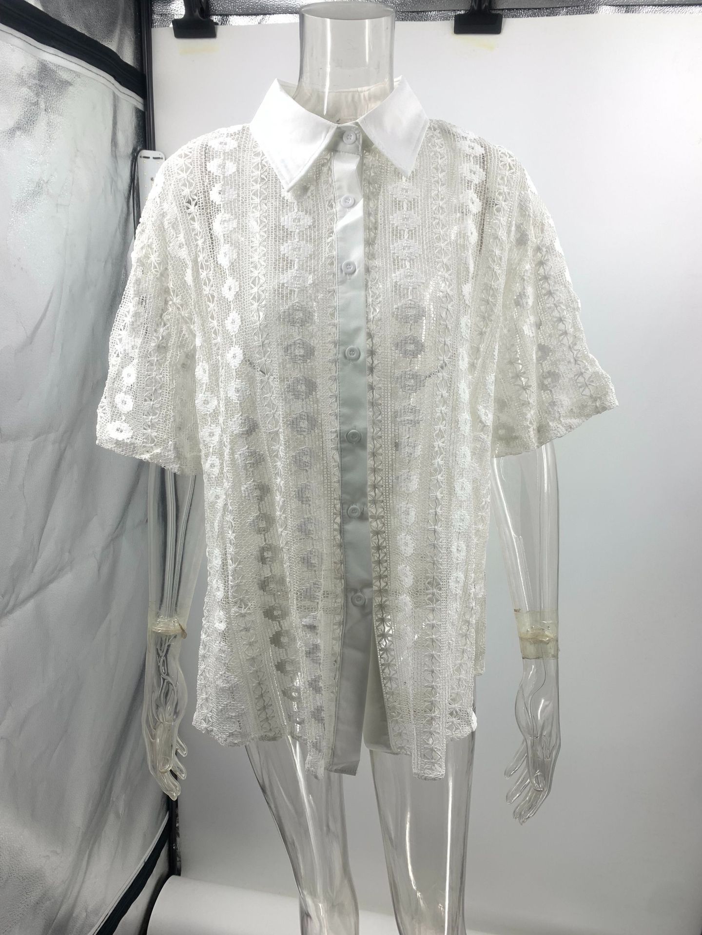 Casual White Lace Hollow Out Cutout Short Sleeve Cardigan Shorts Two Piece Set