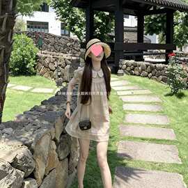 夏日甜妹可爱娃娃领连衣裙女法式甜美花边设计感超好看短裙子