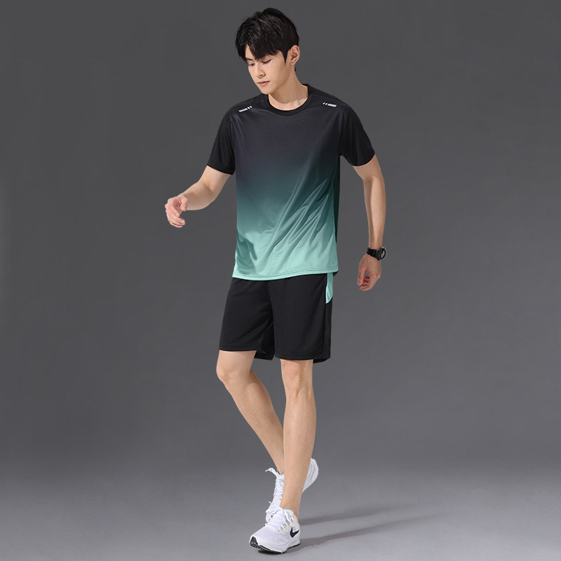 スポーツスーツメンズ速乾性アイスシルク Tシャツ半袖ショーツランニング新しい夏のフィットネス服バドミントン服|undefined