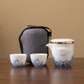 旅行茶具一壶两杯伴手礼便携式户外旅行包描金羊脂玉茶具套装快客