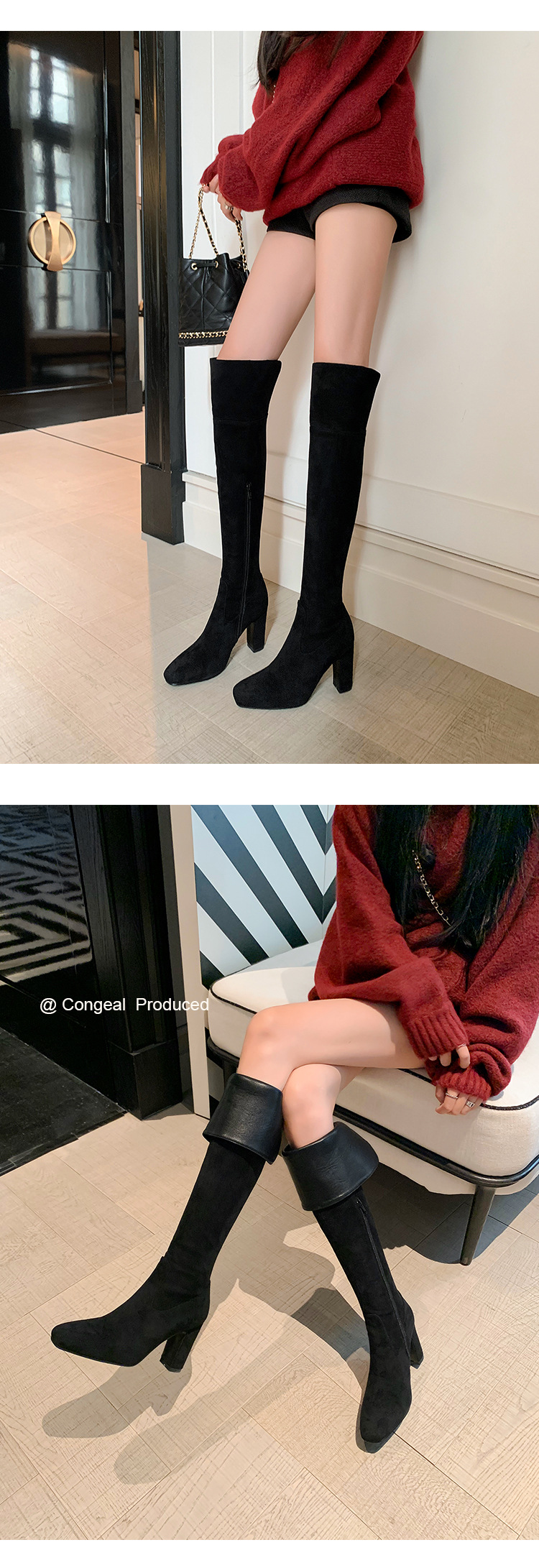 Boot nữ cổ cao quá gối mũi vuông gót thô 5 cm phong cách Hàn Quốc, có thể gập ống — Lớp lót nhung ống nhỏ màu đen 5cm chi tiết 9
