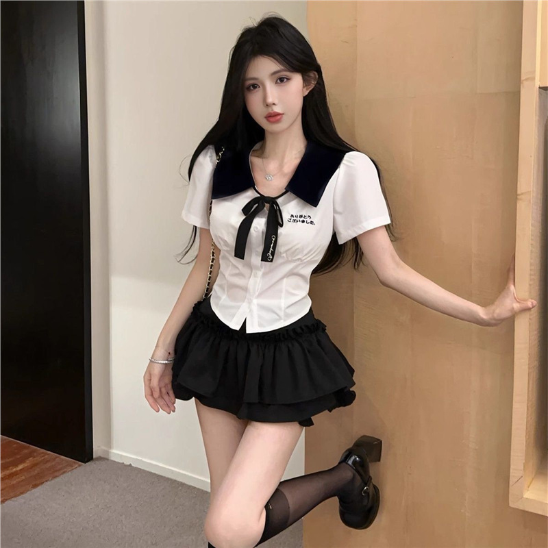College Spice Girl JK Uniform Slim-fit suit Slim-fit Summer Shirt Doll Collar Top High Waist Cake Skirt Two-piece Set