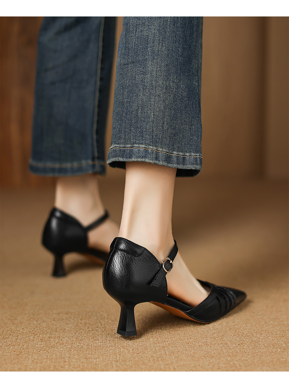 Giày sandal cao gót nữ quai ngang mũi nhọn da cừu gót 5,5 cm — đen chi tiết 16