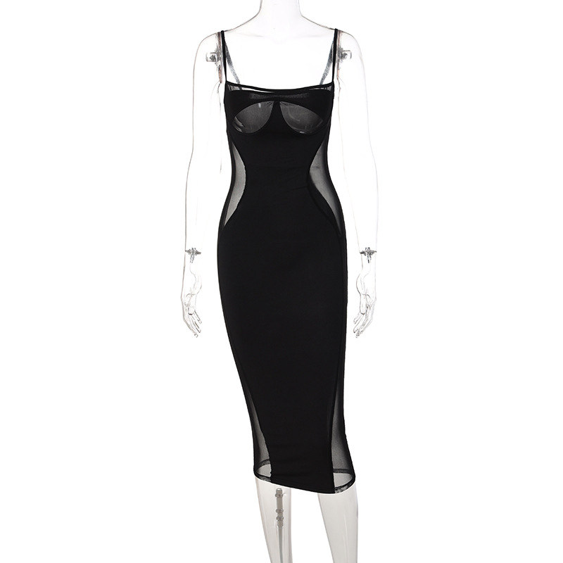Summer New Mesh Stitching Solid Color Slim Dress Women Clothing 14 Summer New Mesh Stitching Solid Color Slim Dress Women Clothing