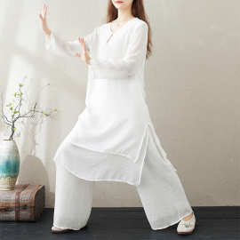 新款 佛系居士服白色仙气中国风飘逸禅舞服禅意茶服女素衣2件套