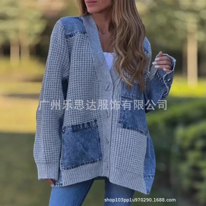 25秋冬外贸亚马逊独立站女装开衫毛衣牛仔拼接针织休闲大衣外套|undefined
