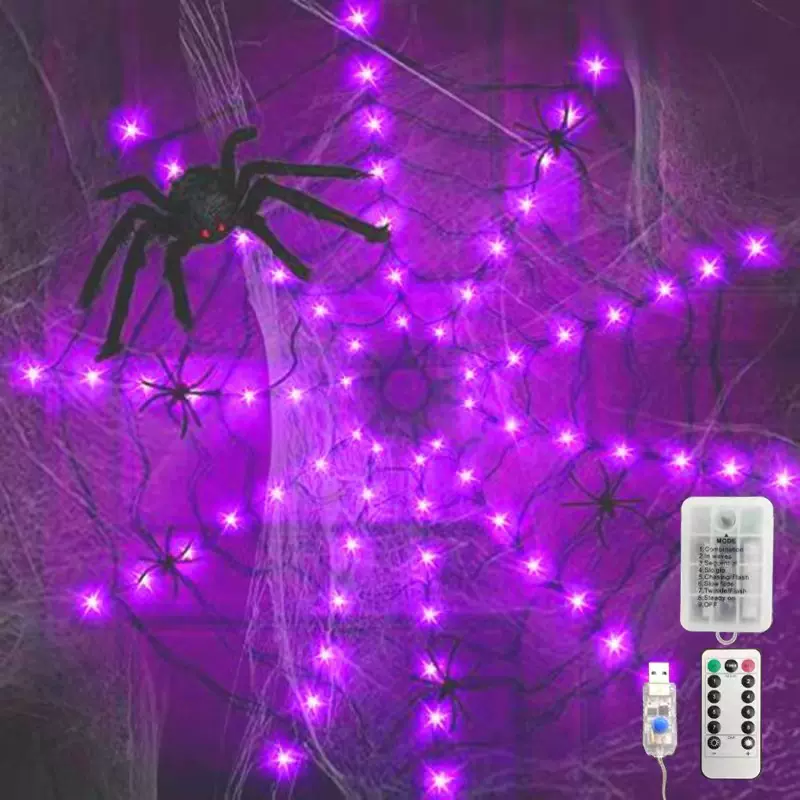 跨境电商LED小彩灯 万圣节蜘蛛网灯 鬼节道具遥控灯 小灯串批发