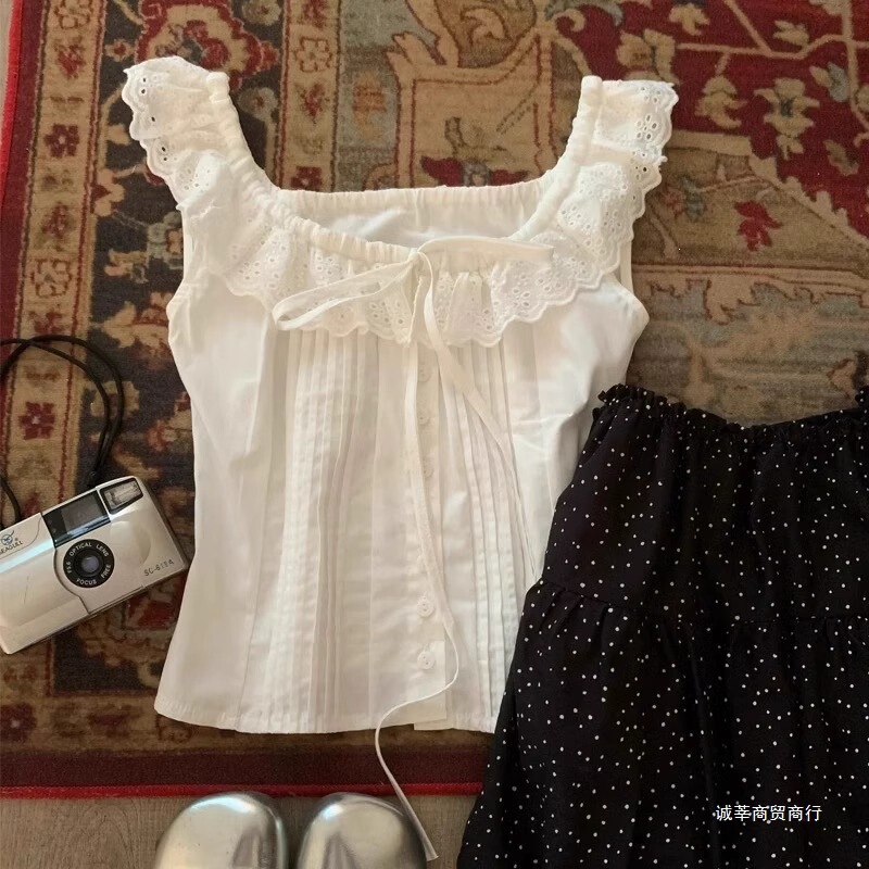 Lace Square-Neck Pleated White Shirt for Women, 2026 Summer New Design, Niche Style Sleeveless Tank Top with Exposed Shoulders Lace Square-Neck Pleated White Shirt for Women, 2026 Summer New Design, Niche Style Sleeveless Tank Top with Exposed Shoulders