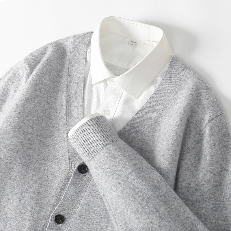 秋冬季男士100纯羊毛衫保暖V领针织开衫外套宽松外穿休闲纯色毛衣