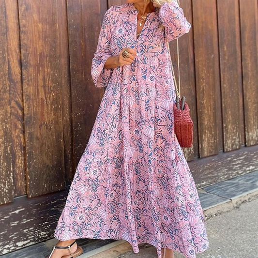 Cross-Border European and American Clothing 2025 Spring New Style V-Neck Bohemian Printed Long-Sleeved Dress with Large Hem