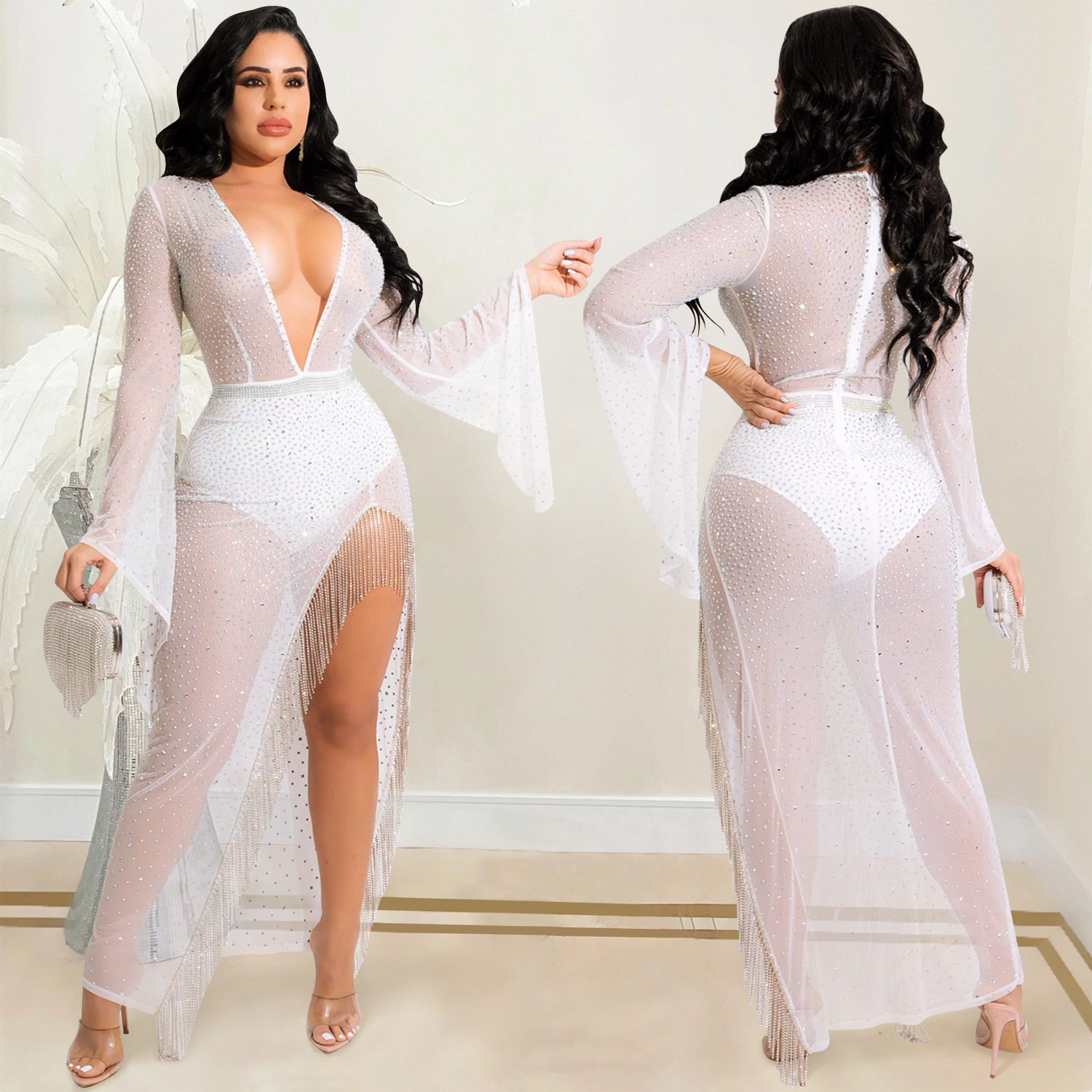 X5597 AliExpress moda sexy discoteca caliente rhinestone profundo V manga ancha irregular split borla vestido de las mujeres