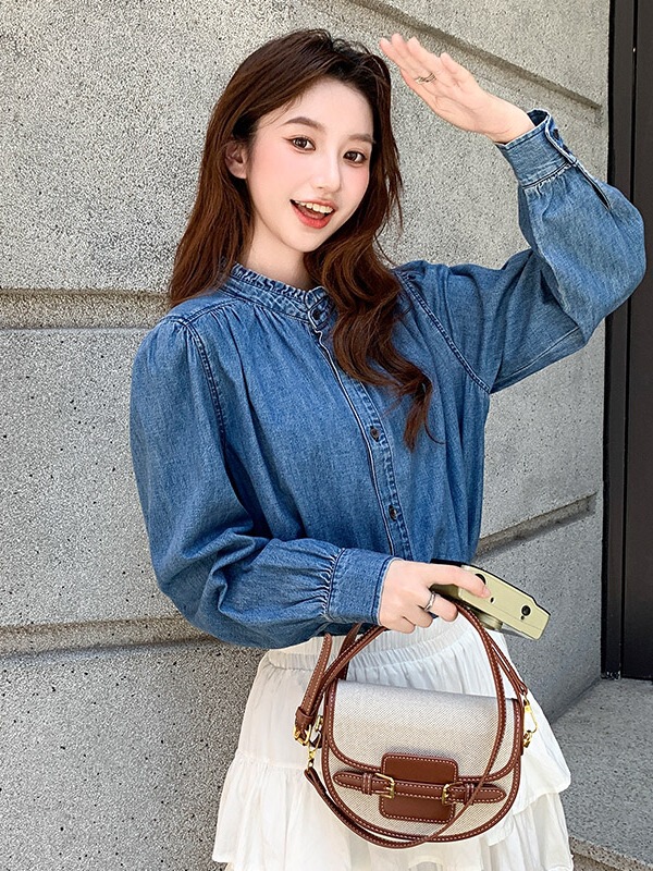 Real Shot of Lace Collar Denim Shirt for Women, Autumn French Retro Blue Loose Casual Versatile Top